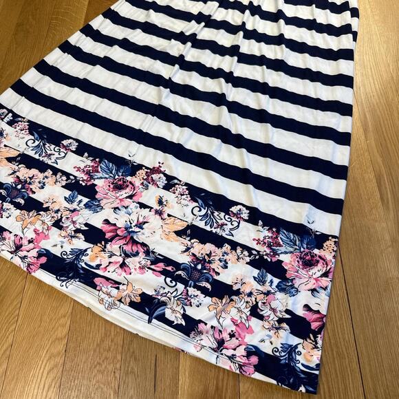 Navy white striped floral preppy maxi skirt coastal nautical - size small - Picture 3 of 5